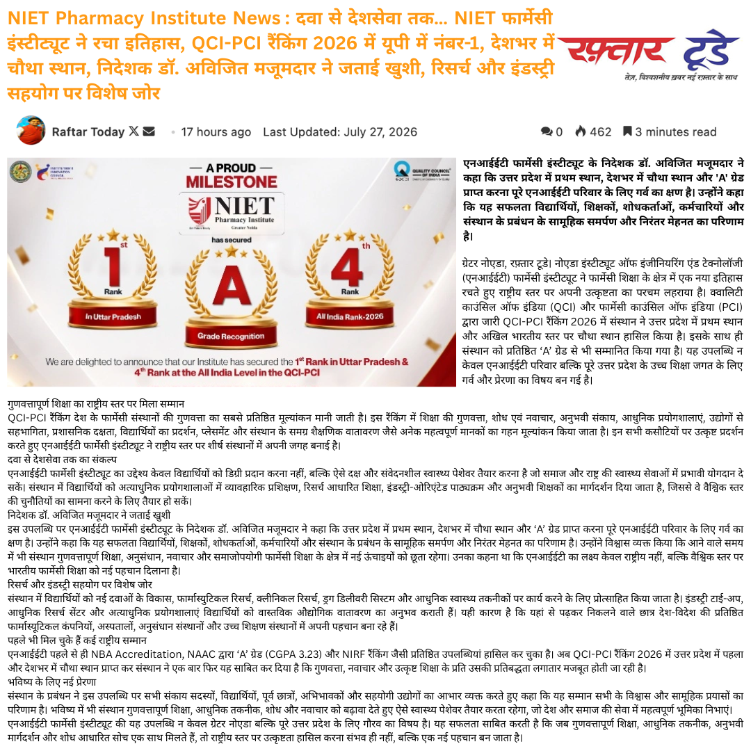 NIET Pharmacy Institute News : दवा से देशसेवा तक… NIET फार्मेसी इंस्टीट्यूट ने रचा इतिहास, QCI-PCI रैंकिंग 2026 में यूपी में नंबर-1, देशभर में चौथा स्थान, निदेशक डॉ. अविजित मजूमदार ने जताई खुशी, रिसर्च और इंडस्ट्री सहयोग पर विशेष जोर