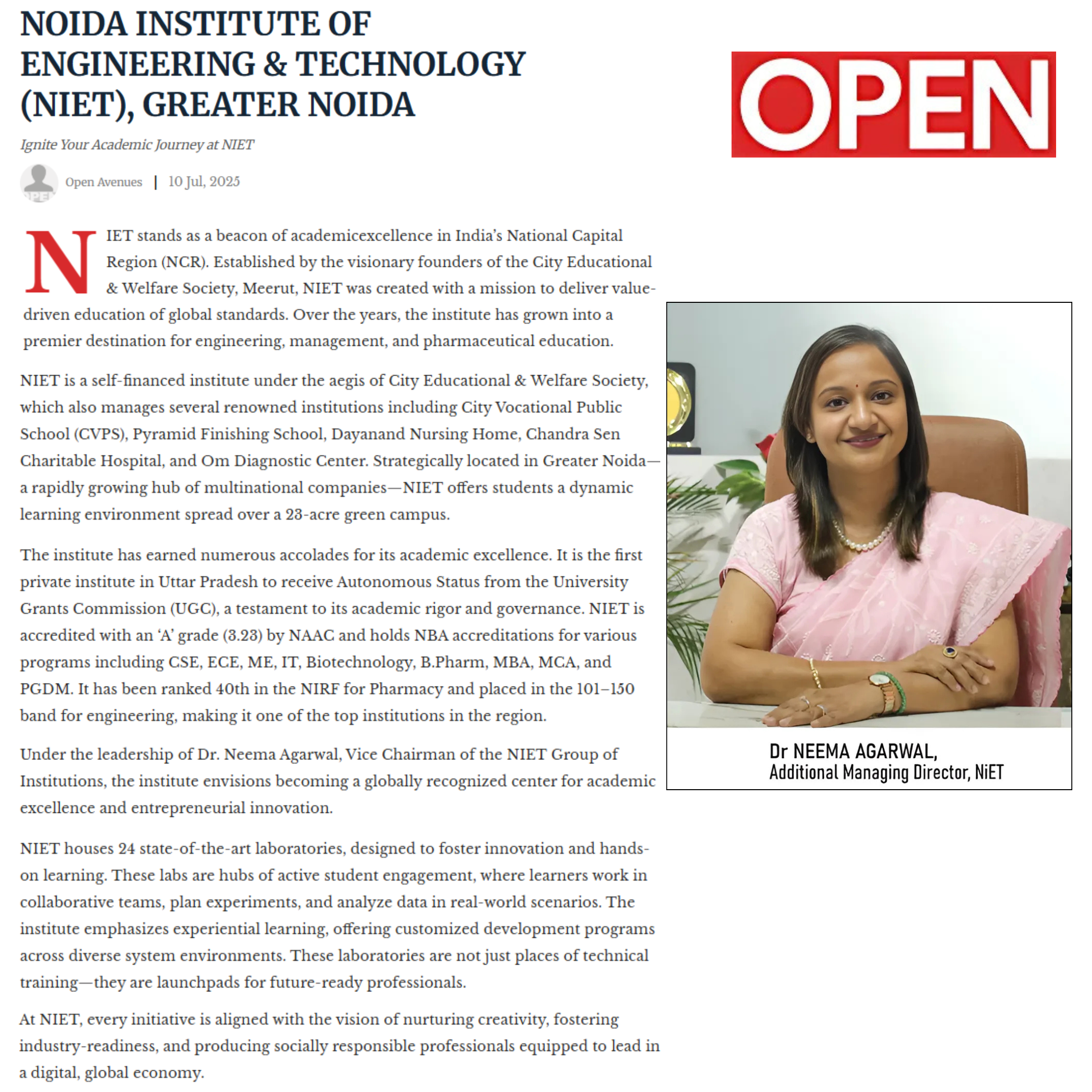 NIET: A UGC-Autonomous Institution Setting Benchmarks in Higher Education