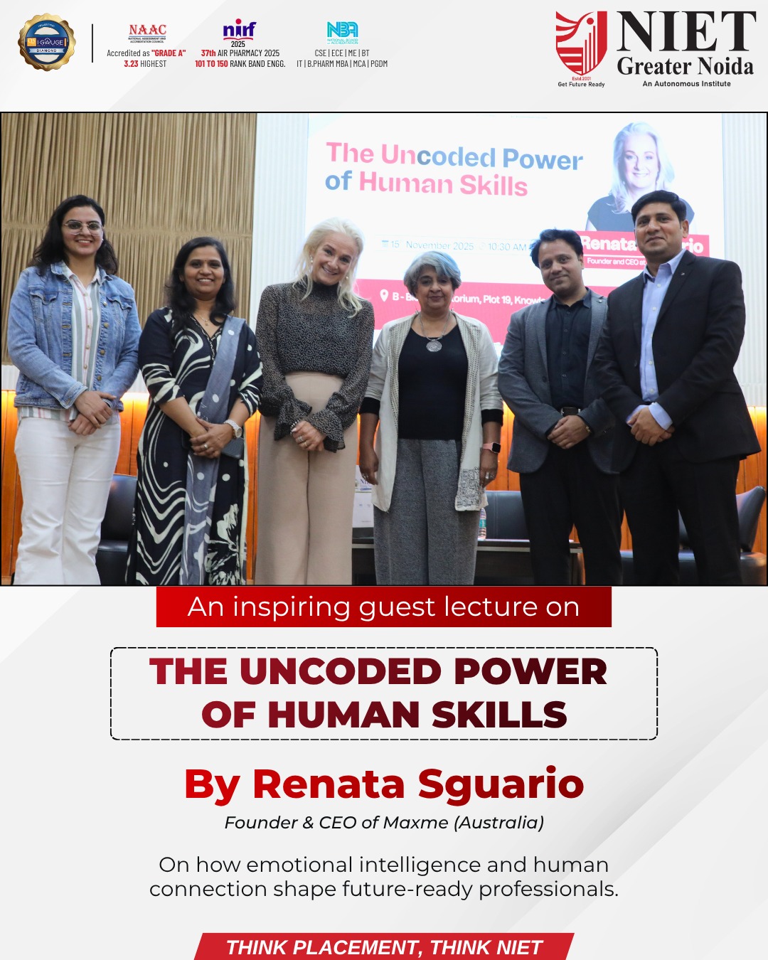 NIET hosted an inspiring session on “The Uncoded Power of Human Skills” by Renata Sguario, CEO of Maxme.