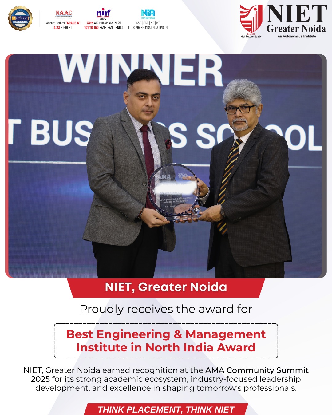 NIET, Greater Noida proudly receives the Best Engineering & Management Institute in North India Award at the AMA Community Summit 2025.