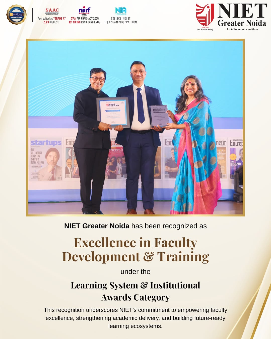 NIET Greater Noida Honoured with Excellence in Faculty Development & Training Award