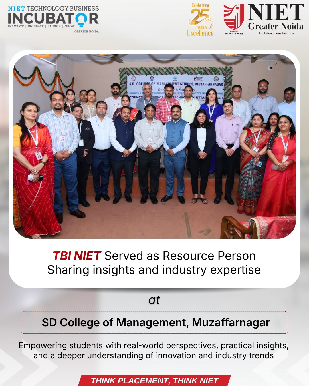 TBI-NIET Serves as Resource Partner for IPR Awareness Workshop at SD College of Management, Muzaffarnagar
