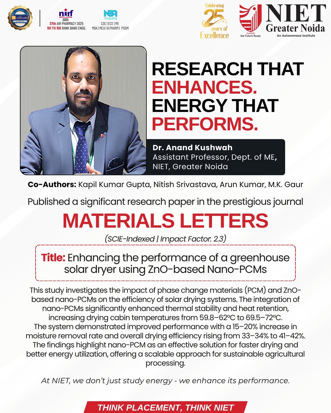 Dr. Anand Kushwah Publishes SCIE-Indexed Research in Materials Letters on Advanced Solar Dryer Performance at NIET