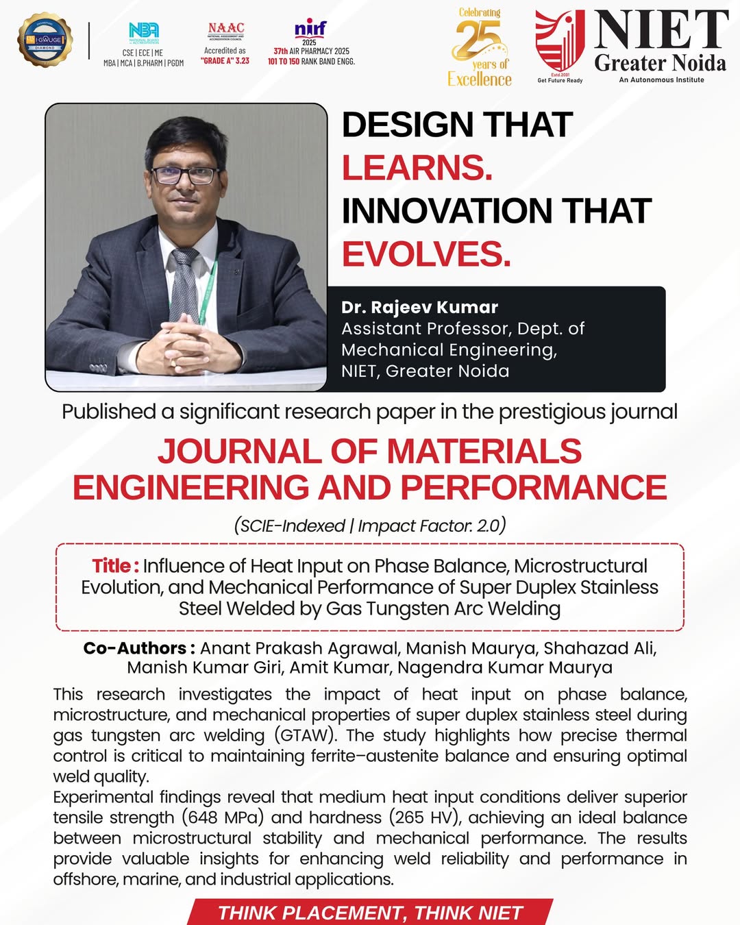 NIET Greater Noida celebrates Dr. Rajeev Kumar for his SCIE-indexed research publication in the Journal of Materials Engineering and Performance.