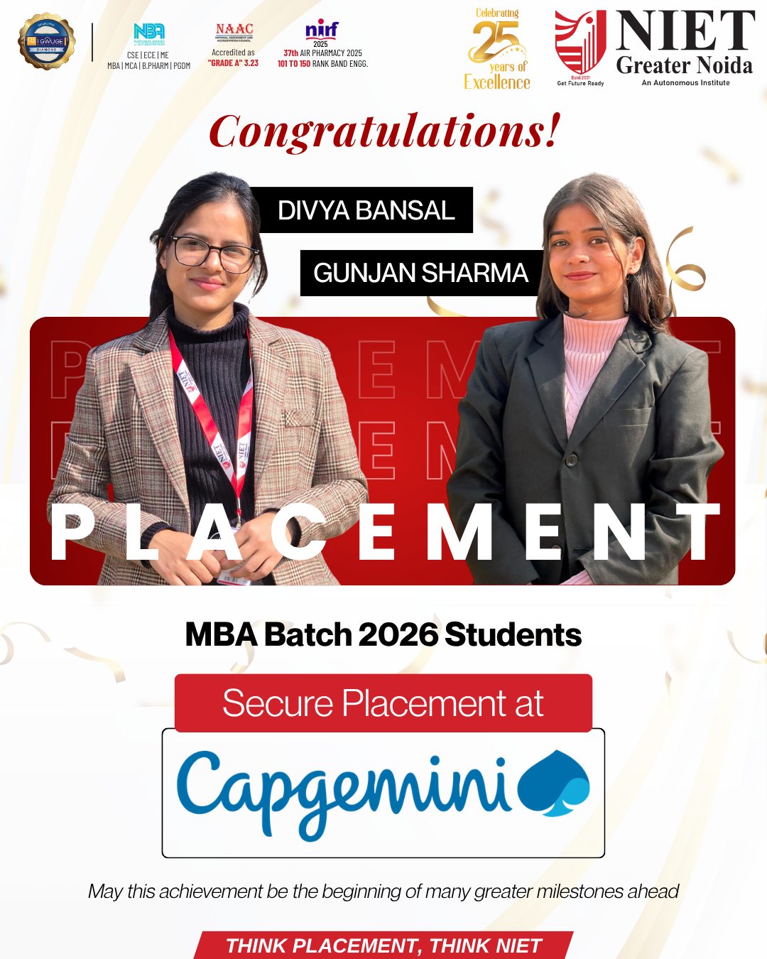 NIET Greater Noida congratulates Divya Bansal and Gunjan Sharma on securing placements at Capgemini