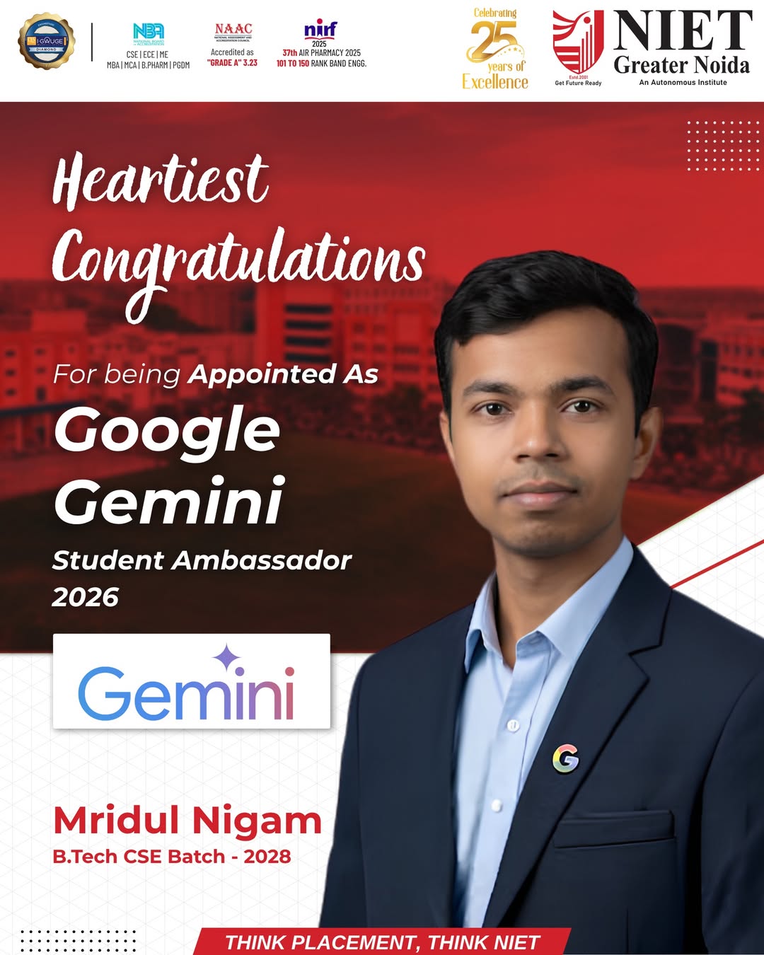 NIET Greater Noida congratulates Mridul Nigam on being selected as a Google Gemini Student Ambassador 2026