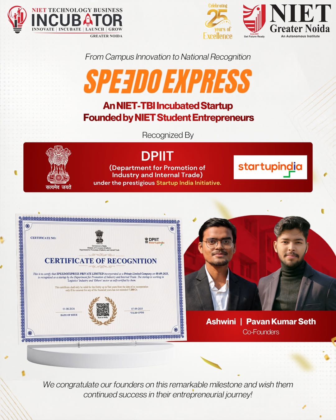 NIET Greater Noida and NIET-TBI celebrate SPEEDOEXPRESS on receiving DPIIT recognition under the Startup India Initiative