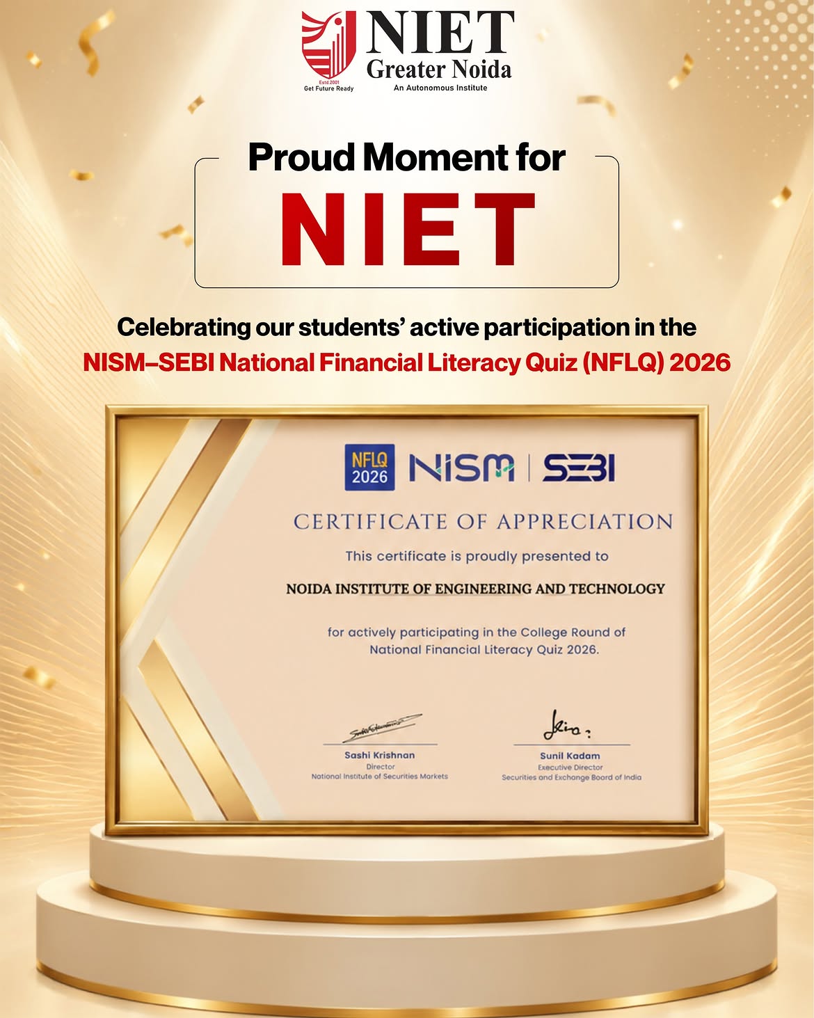NIET Greater Noida celebrates its students for participating in the NISM–SEBI National Financial Literacy Quiz 2026.