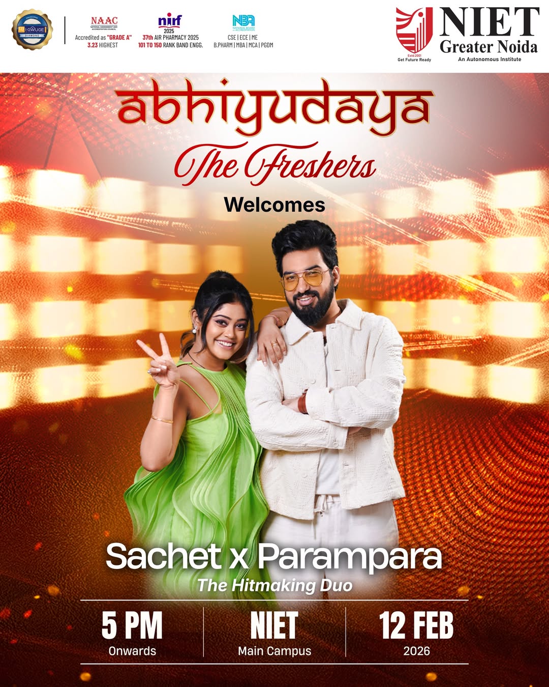 Sachet–Parampara Live at Abhiyudaya 2026: Freshers’ Night Musical Concert at NIET Main Campus