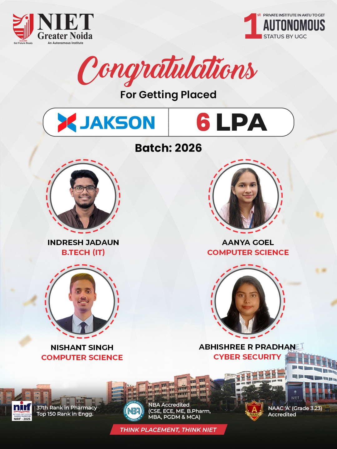 NIET Greater Noida Students Secure ₹6 LPA Placements at JAKSON: Batch 2026 Achievement