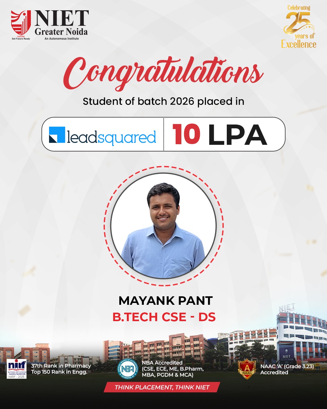 Mayank Pant of NIET Batch 2026 Secures 10 LPA Placement at LeadSquared