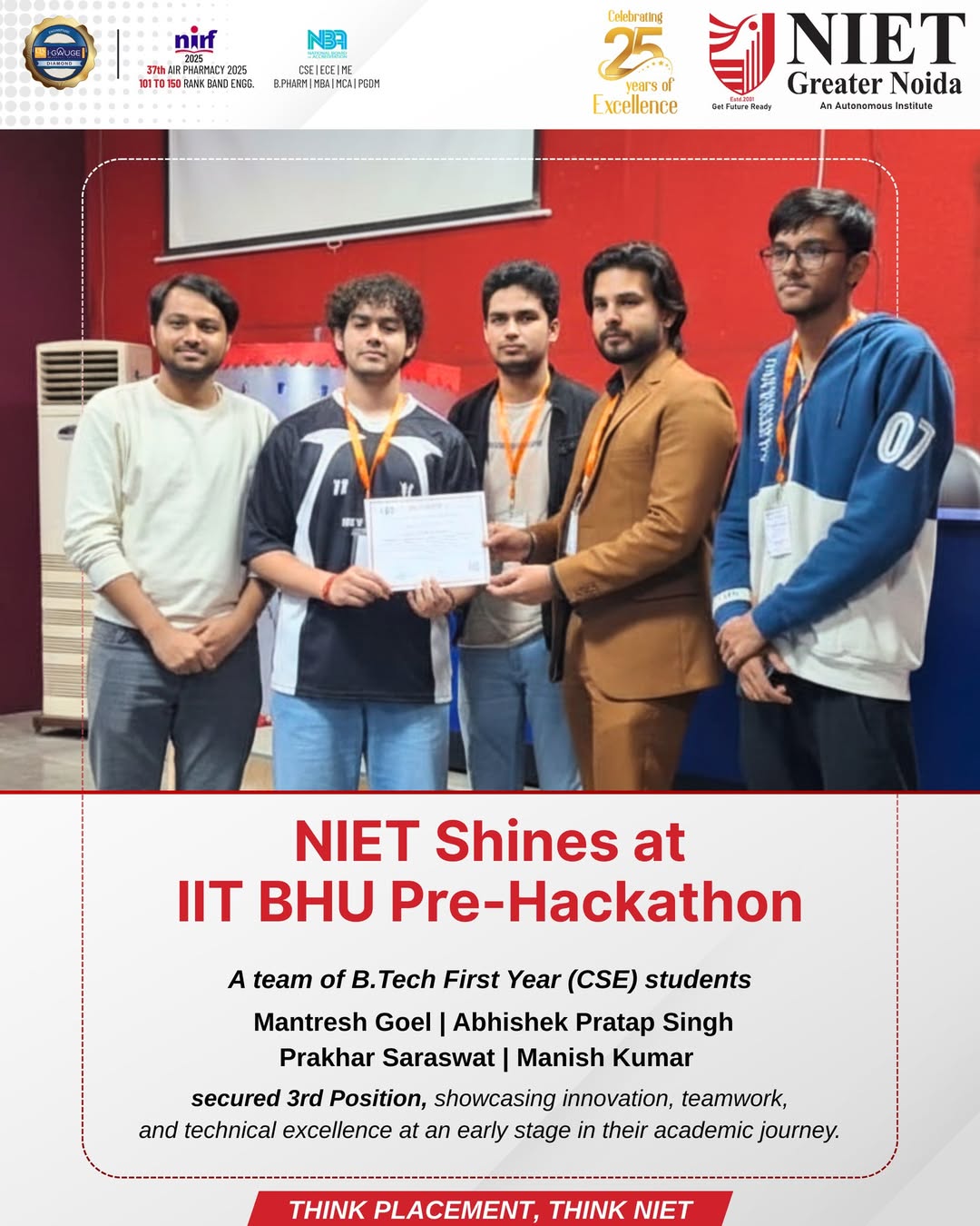 NIET Students Secure 3rd Position at IIT BHU Pre-Hackathon with Innovative Tech Solution