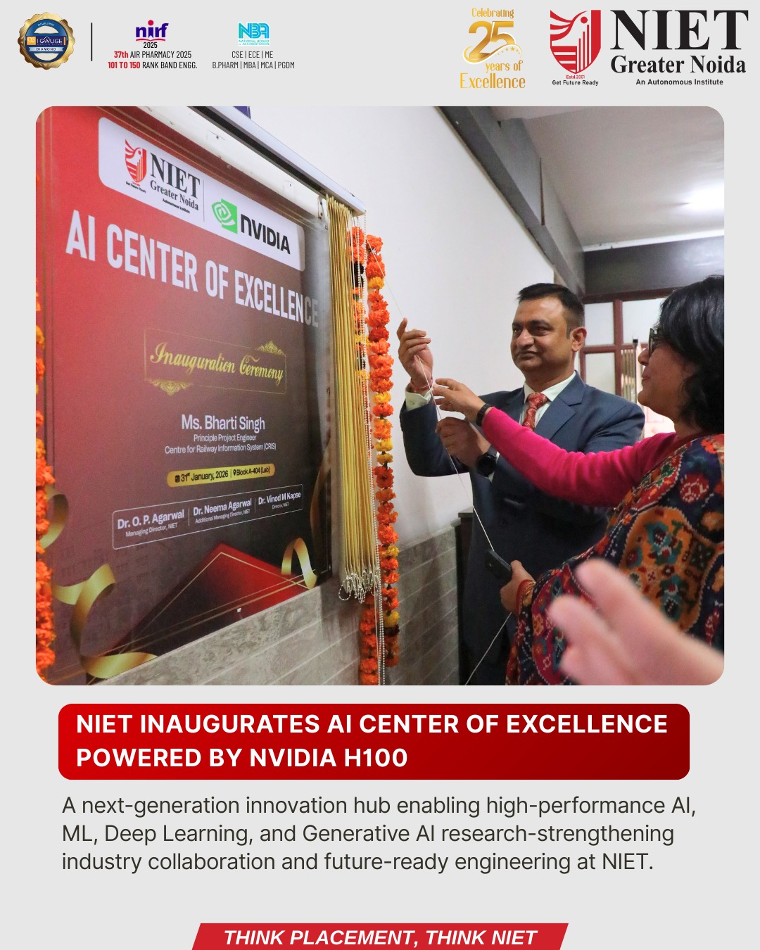 NIET Greater Noida Inaugurates AI Center of Excellence Powered by NVIDIA H100
