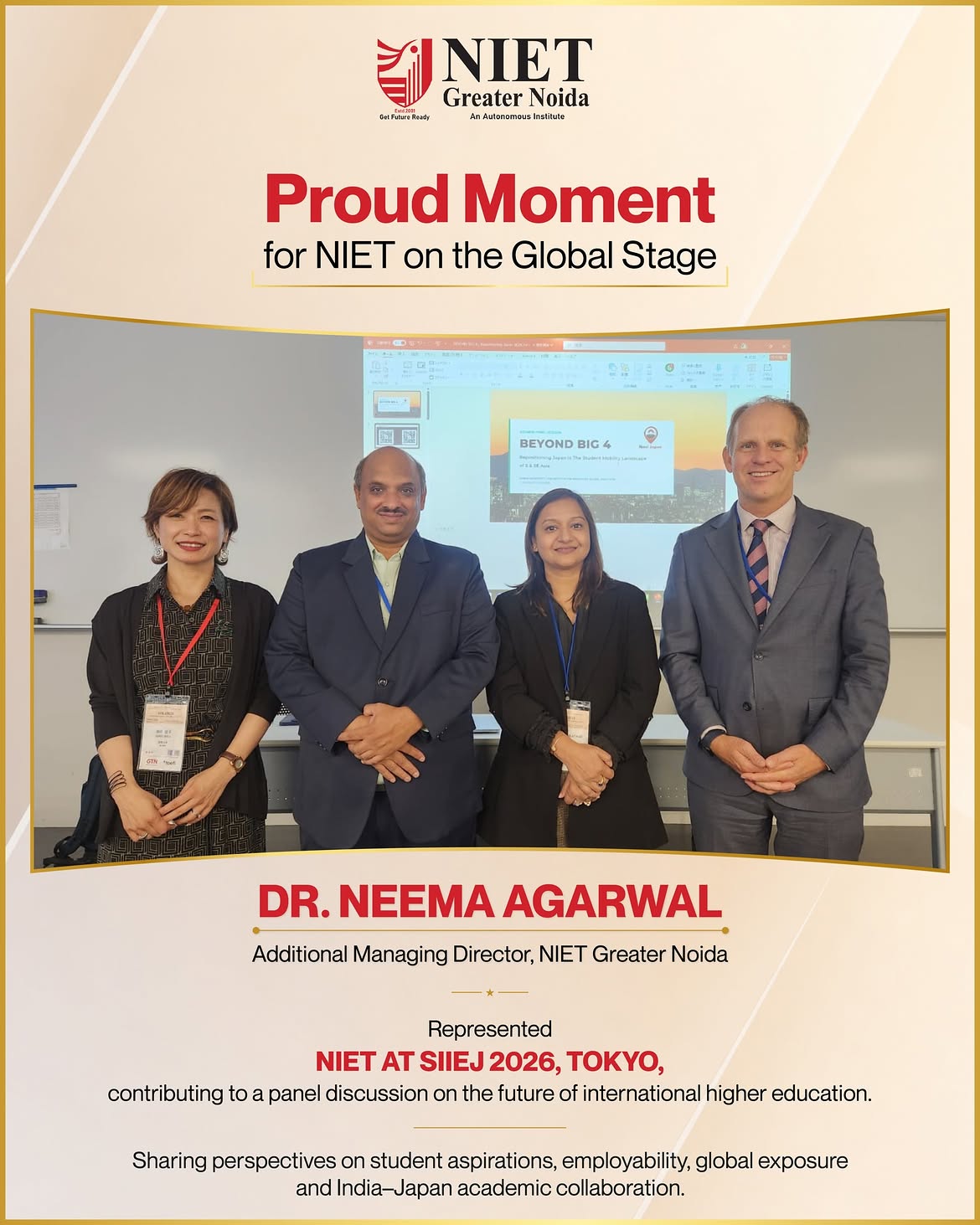 NIET Greater Noida, represented by Dr. Neema Agarwal(AMD), participates in SIIEJ 2026, Tokyo, strengthening India-Japan collaboration in global higher education.