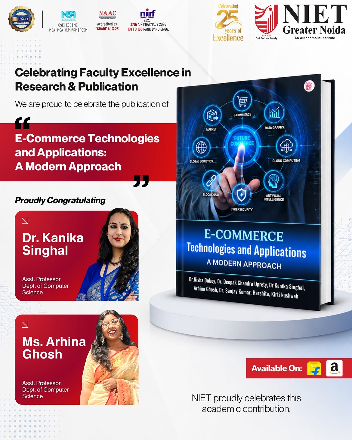 NIET Greater Noida celebrates Dr. Kanika Singhal and Ms. Arhina Ghosh on the publication of their book *E-Commerce Technologies and Applications: A Modern Approach*.